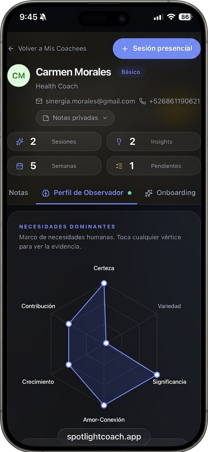 Perfil de Observador de SpotlightCoach.ai en un teléfono