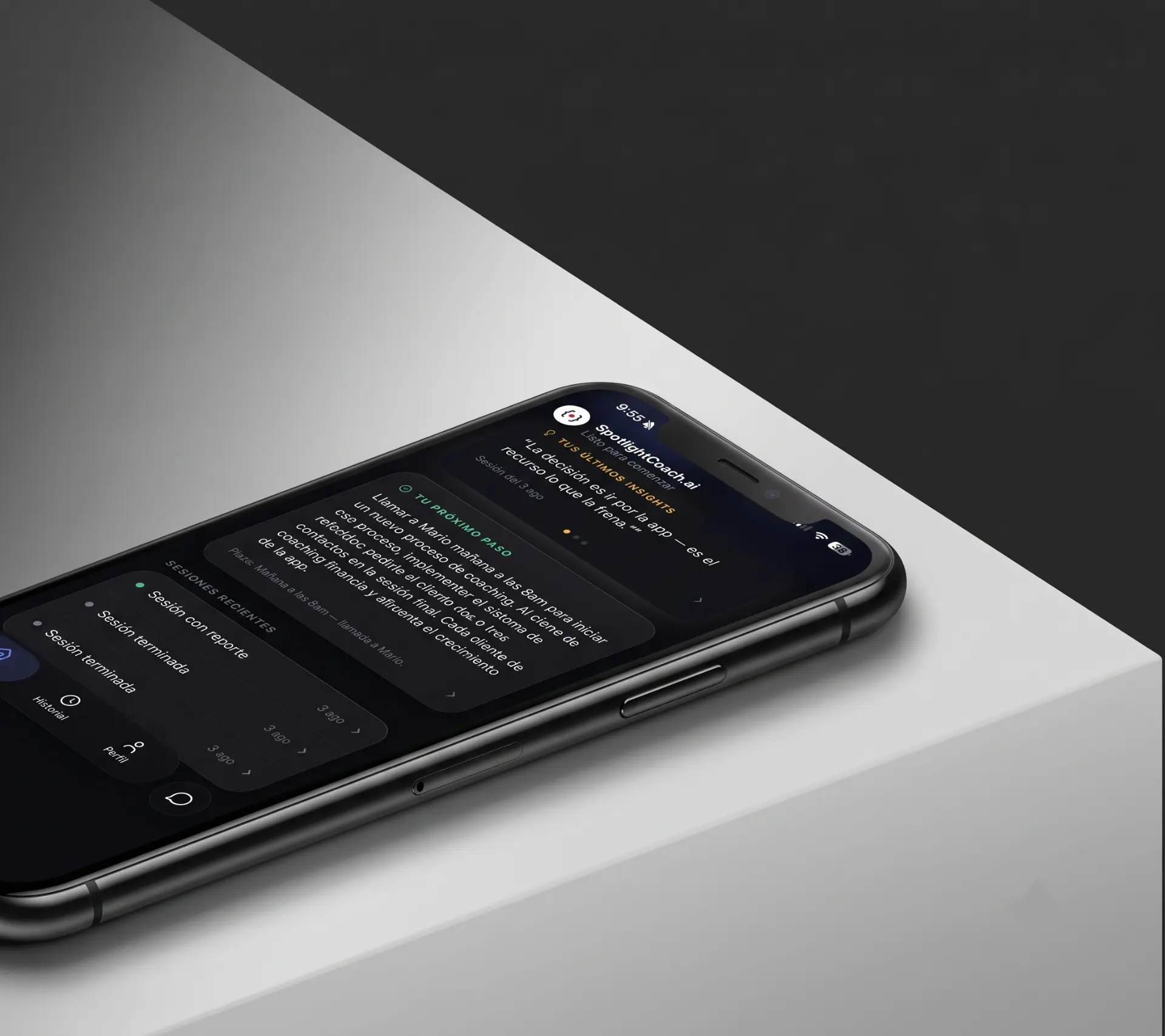Experiencia móvil de SpotlightCoach.ai para el coachee